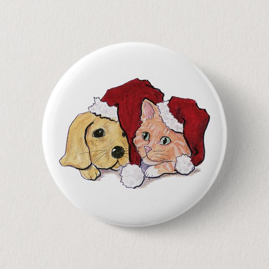 かわいいクリスマスのラブラドール子犬とオレンジ色のタビー猫 缶バッジ (正面)
