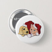 かわいいクリスマスのラブラドール子犬とオレンジ色のタビー猫 缶バッジ (正面&裏面)