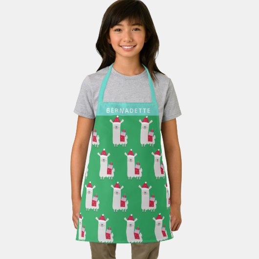 かわいいクリスマスのラマを緑にパーソナライズされた エプロン (インサイチュ)