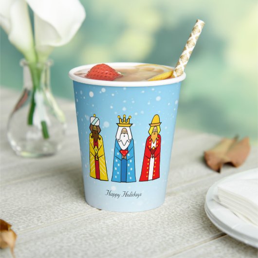 かわいいクリスマスの三賢者が描かれた薄青の紙コップ 紙コップ (インサイチュ)