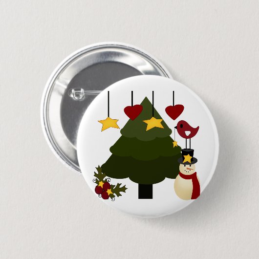 かわいいクリスマスの休日の木の雪だるまは鳥を主演します 缶バッジ (正面&裏面)