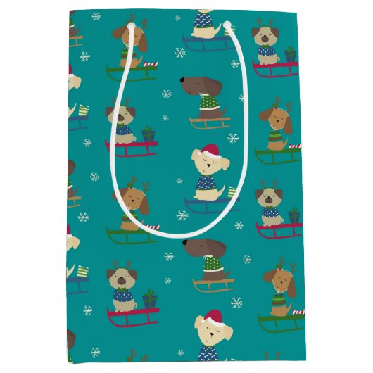 かわいいクリスマスの休日の犬たちSLEDS PATTERN ミディアムペーパーバッグ (正面)