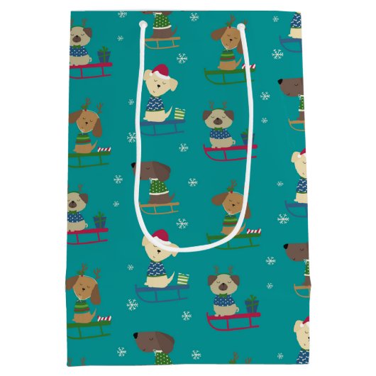 かわいいクリスマスの休日の犬たちSLEDS PATTERN ミディアムペーパーバッグ (裏面)