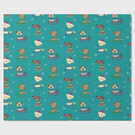 かわいいクリスマスの休日の犬たちSLEDS PATTERN ラッピングペーパー (フラット)