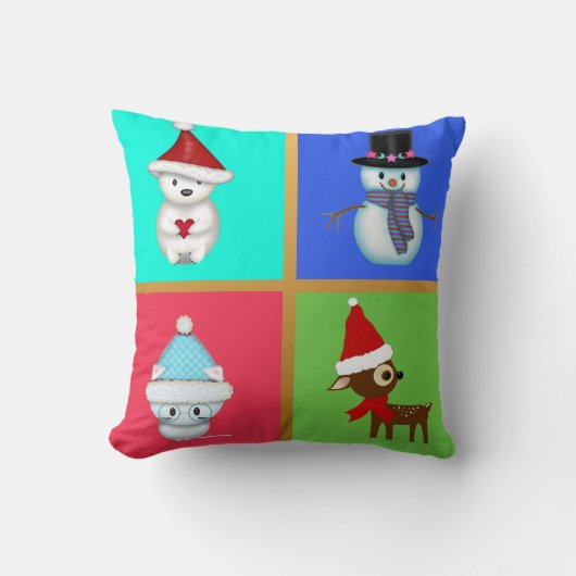 かわいいクリスマスの動物たちと雪だるま クッション (正面)