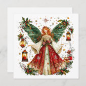 かわいいクリスマスの天使 & 灯されたランタン & ベリー シーズンカード (正面/裏面)