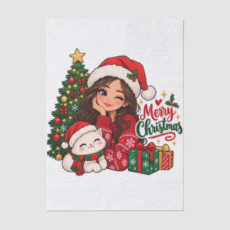 かわいいクリスマスの女の子と猫のあったかホリデー 薄葉紙