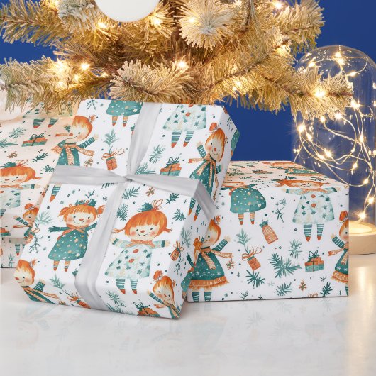 かわいいクリスマスの女の子のパターン ラッピングペーパー (クリスマス)
