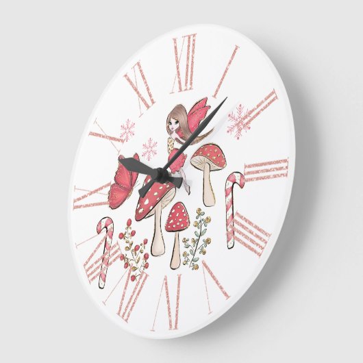 かわいいクリスマスの妖精とキノコ ラージ壁時計 (傾斜)