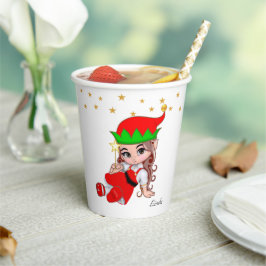 かわいいクリスマスの妖精エルフと金の星の紙吹雪 紙コップ
