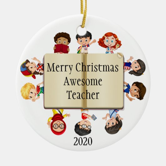 かわいいクリスマスの子供たちの漫画オンブック先生 セラミックオーナメント (正面)