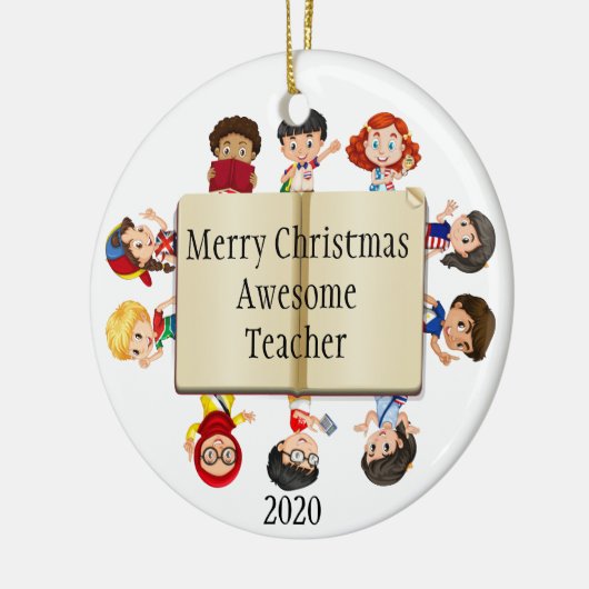 かわいいクリスマスの子供たちの漫画オンブック先生 セラミックオーナメント (左)