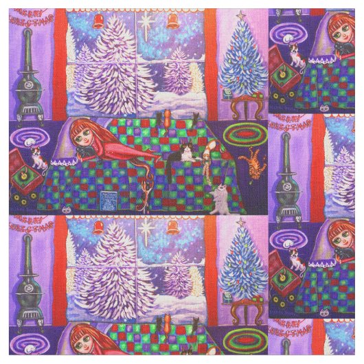 かわいいクリスマスの子供及び猫のキルトの雪場面 ファブリック (クローズアップ)