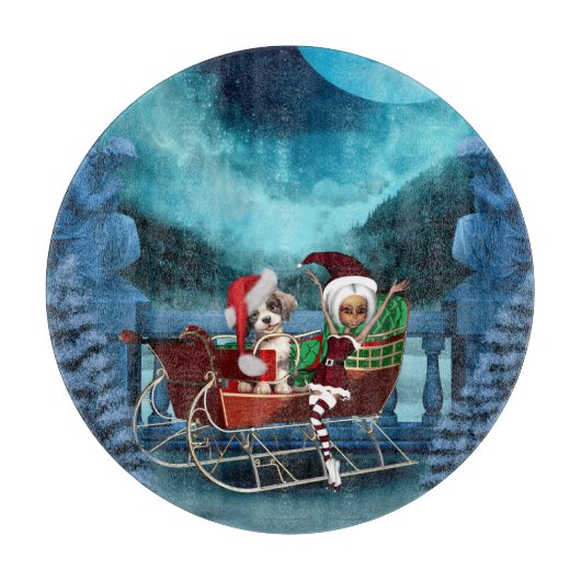 かわいいクリスマスの子犬と小妖精や小人 カッティングボード (正面)