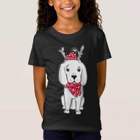 かわいいクリスマスの子犬のクリスマス衣装トナカイ付き犬 Tシャツ (正面)