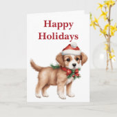 かわいいクリスマスの子犬の空白のクリスマス カード (黄色い花)