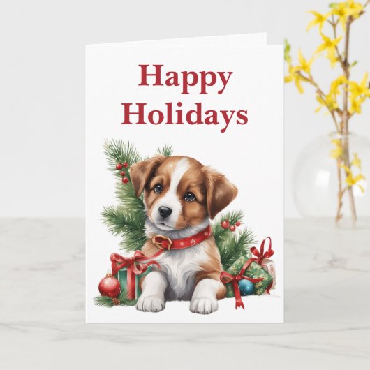 かわいいクリスマスの子犬の空白のクリスマス カード (黄色い花)