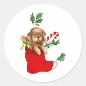 かわいいクリスマスの子犬ヴィンテージ ラウンドシール (正面)