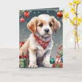 かわいいクリスマスの子犬空白ののクリスマス カード (黄色い花)