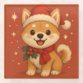 かわいいクリスマスの子犬 ガラスコースター (正面)