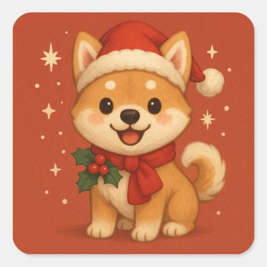 かわいいクリスマスの子犬 スクエアシール (正面)
