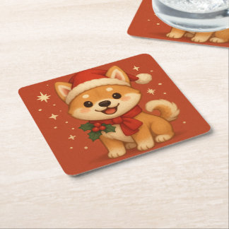 かわいいクリスマスの子犬 スクエアペーパーコースター