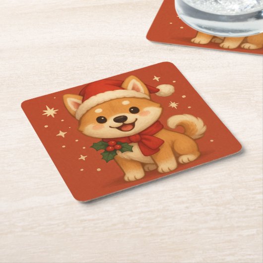 かわいいクリスマスの子犬 スクエアペーパーコースター (アングル)
