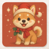かわいいクリスマスの子犬 スクエアペーパーコースター (正面)