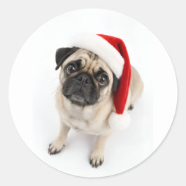 かわいいクリスマスの子犬 ポニーのパグ サンタ帽子 子犬の目 ラウンドシール
