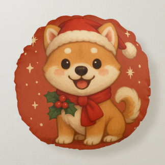 かわいいクリスマスの子犬 ラウンドクッション