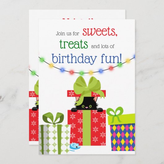 かわいいクリスマスの子猫とギフト冬の誕生日 招待状 (正面/裏面)