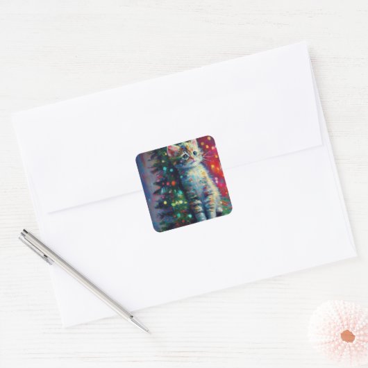 かわいいクリスマスの子猫 スクエアシール (封筒)