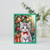 かわいいクリスマスの子猫 ホリデー ポストカード (スタンド正面)
