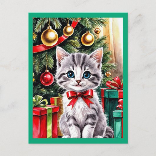 かわいいクリスマスの子猫 ホリデー ポストカード (正面)
