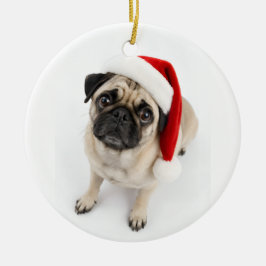 かわいいクリスマスの子鹿パグサンタ帽子仔犬の愛らしい目 セラミックオーナメント