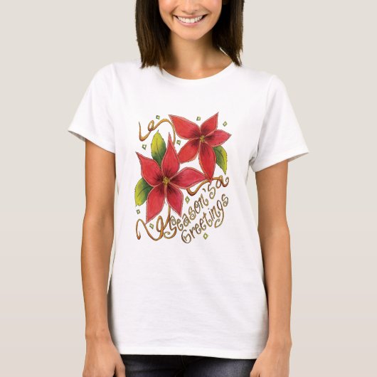 かわいいクリスマスの季節の挨拶 ポインセチア付き Tシャツ (正面)
