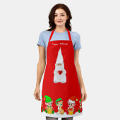 かわいいクリスマスの小人とエルフのチームが赤い背景に エプロン (着用した状態)