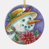 かわいいクリスマスの少女と雪だるまのポインセチア セラミックオーナメント (正面)