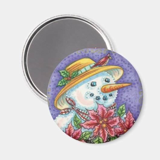 かわいいクリスマスの少女と雪だるまのポインセチア マグネット (正面/裏面)