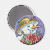 かわいいクリスマスの少女と雪だるま ポインセチア マグネット (正面/裏面)