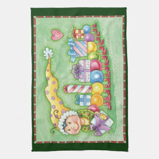 かわいいクリスマスの幼虫列車とプレゼント キッチンタオル (縦)