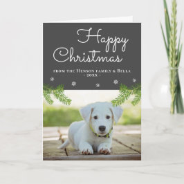 かわいいクリスマスの松の枝と雪の結晶の犬の写真 カード