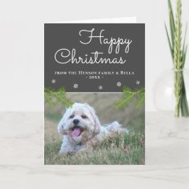 かわいいクリスマスの松の枝と雪の結晶の犬の写真 カード