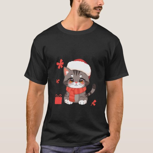 かわいいクリスマスの灰色の猫サンタ帽子ホリデーアート✨🐾 Tシャツ (正面)