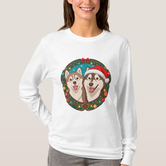 かわいいクリスマスの犬たち クリスマスサークル Tシャツ (正面)