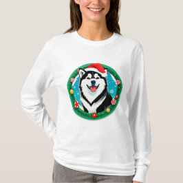 かわいいクリスマスの犬のクリスマス円形デザイン Tシャツ