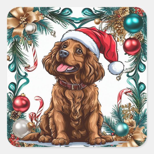 かわいいクリスマスの犬 スクエアシール (正面)