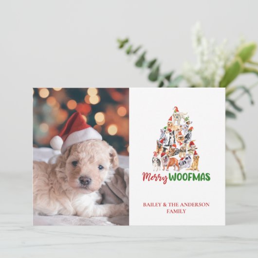 かわいいクリスマスの犬 メリーウーフマス ペット写真 シーズンカード (スタンド正面)