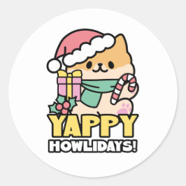 かわいいクリスマスの犬 - ヤッピー ハウリデイズ ラウンドシール