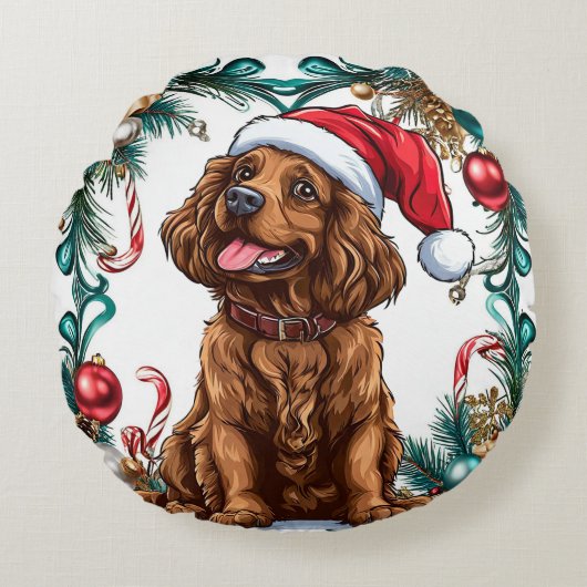 かわいいクリスマスの犬 ラウンドクッション (正面)